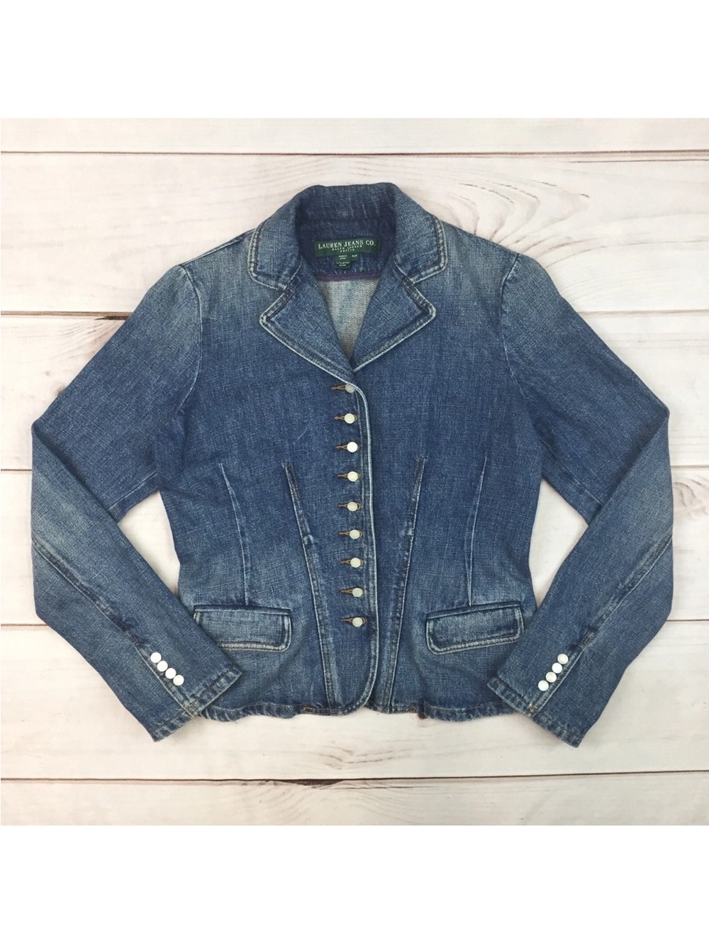 Ralph Lauren Jeans Women's Petite P Blue Denim Button Up Cropped Military Jacket - Picture 2 of 6